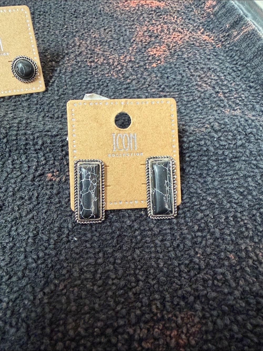 Black Rectangular Stone earrings with Silver Trim